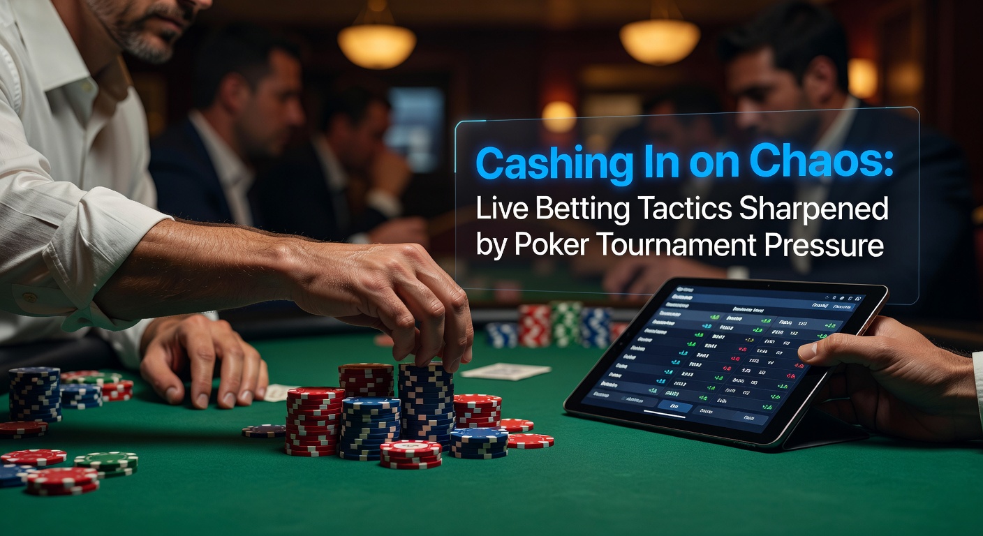 Intense poker tournament scene with players deep in concentration amid rising stacks and flashing screens showing live odds