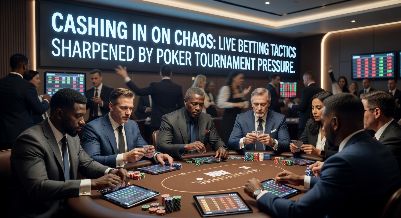 Live betting interface on a screen next to poker chips, displaying shifting odds during a high-pressure sports moment