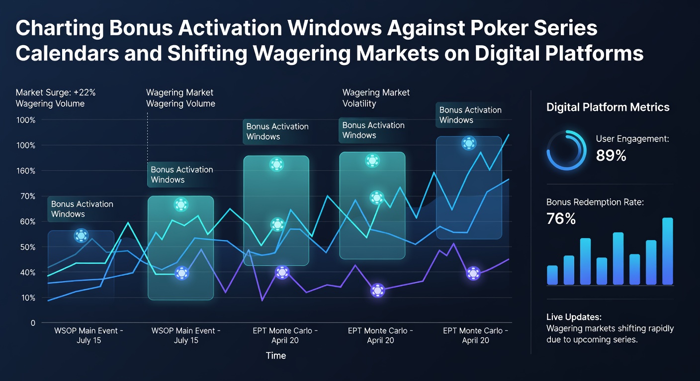Digital platform interface displaying poker tournament calendar overlaid with bonus activation timelines and live wagering market data