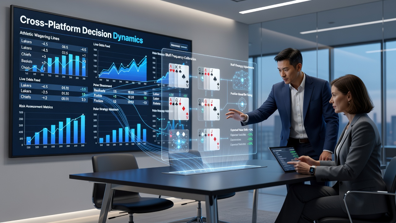 Analytics dashboard displaying correlations between sports betting line changes and poker hand range modifications over a 24-hour period
