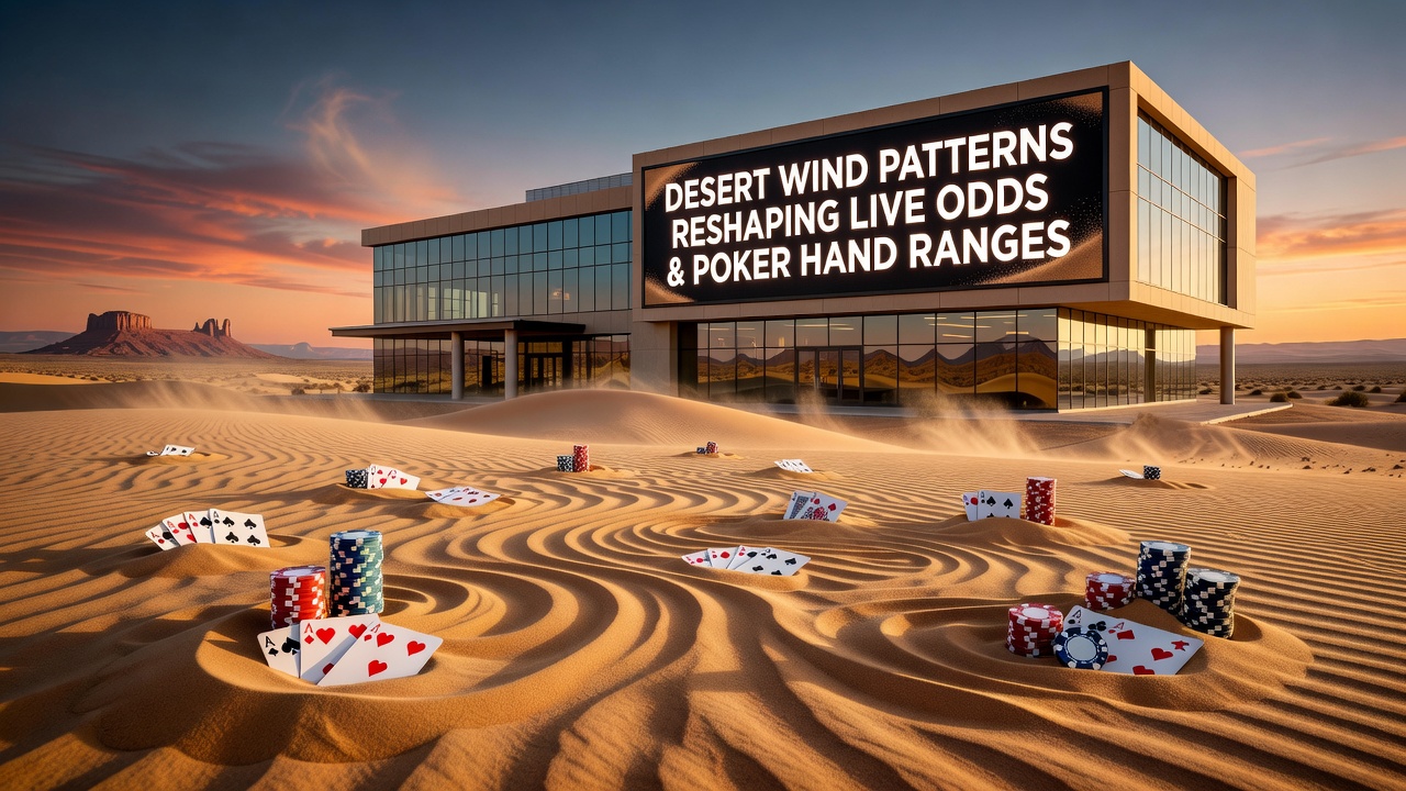 Desert winds sweeping across a Southwest casino complex with poker tables visible through large windows and digital odds boards updating in real time