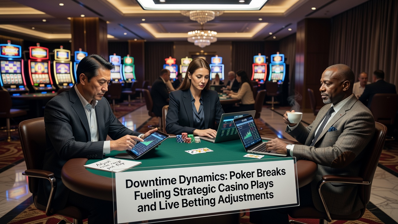 Casino floor activity during poker tournament breaks with players accessing mobile sportsbooks for live betting adjustments