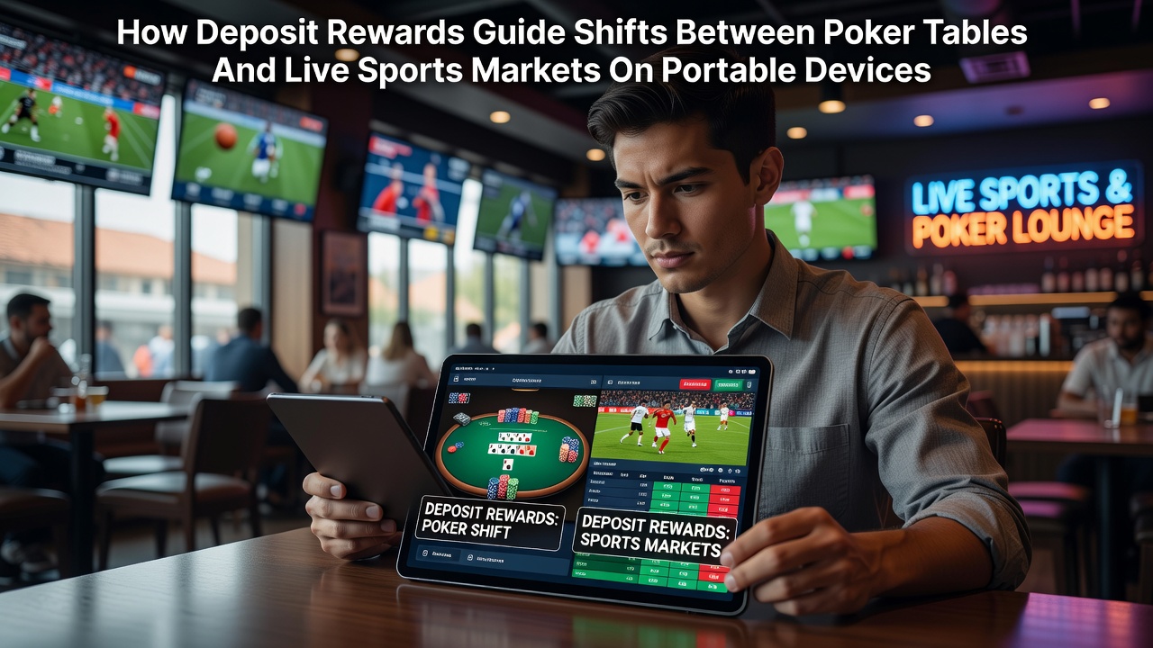 Mobile device displaying poker table interface alongside live sports betting odds with deposit reward notifications active
