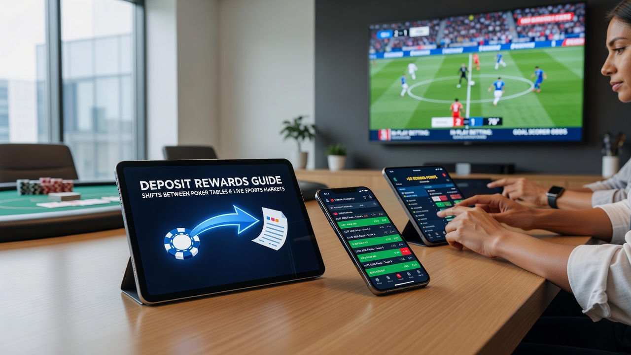 Split-screen view of poker cash game and live sports betting interface on a smartphone with active deposit bonus tracker