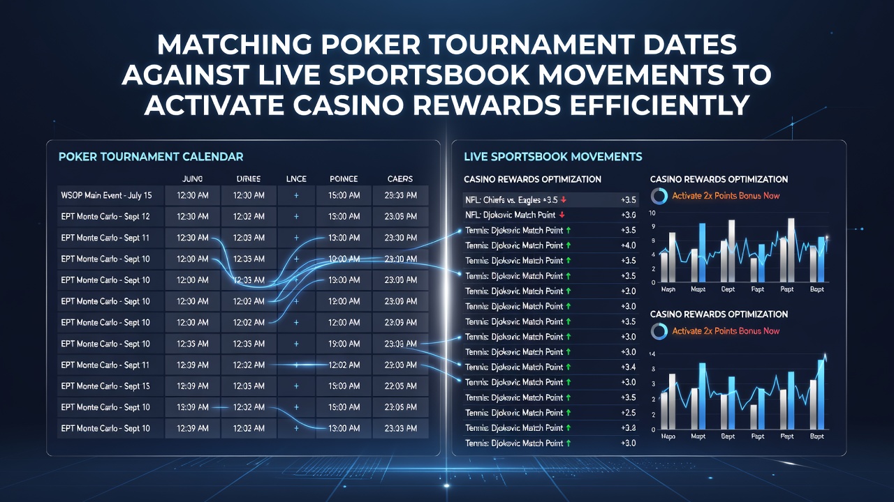 Poker tournament schedule overlaid with live sportsbook odds charts on a digital platform interface