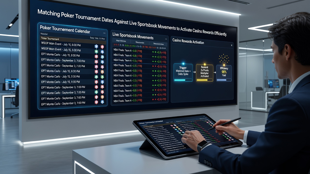Mobile screen showing synchronized poker schedule and live sportsbook movements with bonus activation prompts