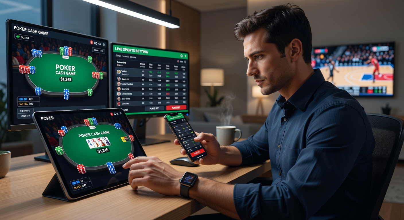 Mobile screen split between a poker cash game table and live sports betting odds updating in real-time