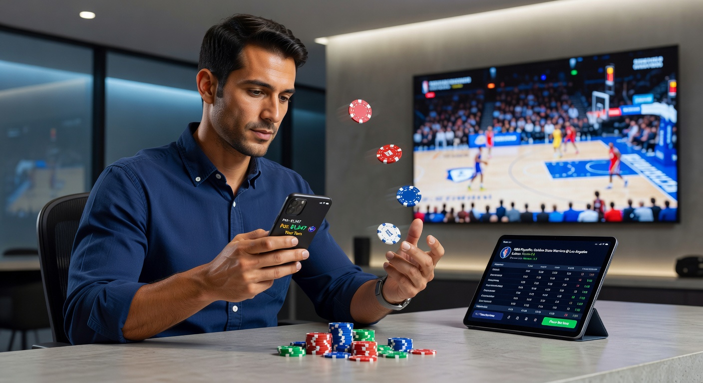 Close-up of a hand holding a smartphone displaying simultaneous poker hand and in-play sports betting interface during a live match