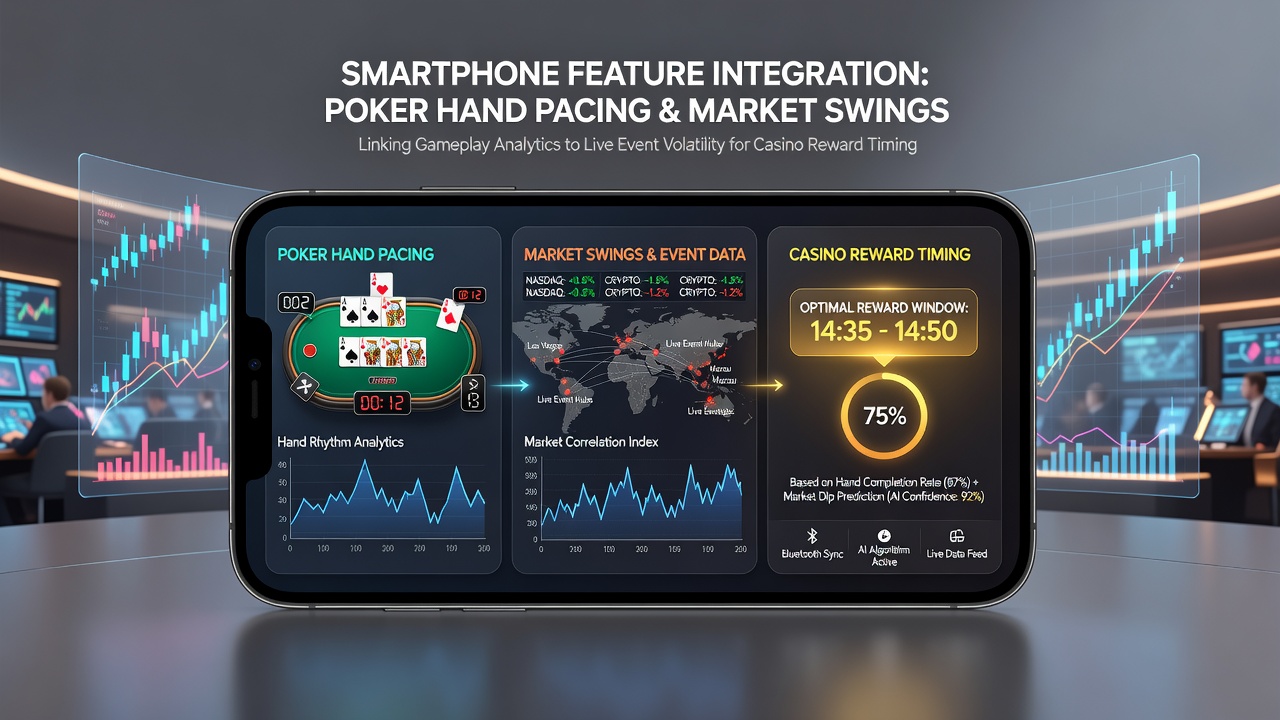 Close-up of mobile interface highlighting timing synchronization between poker hands and sports market data