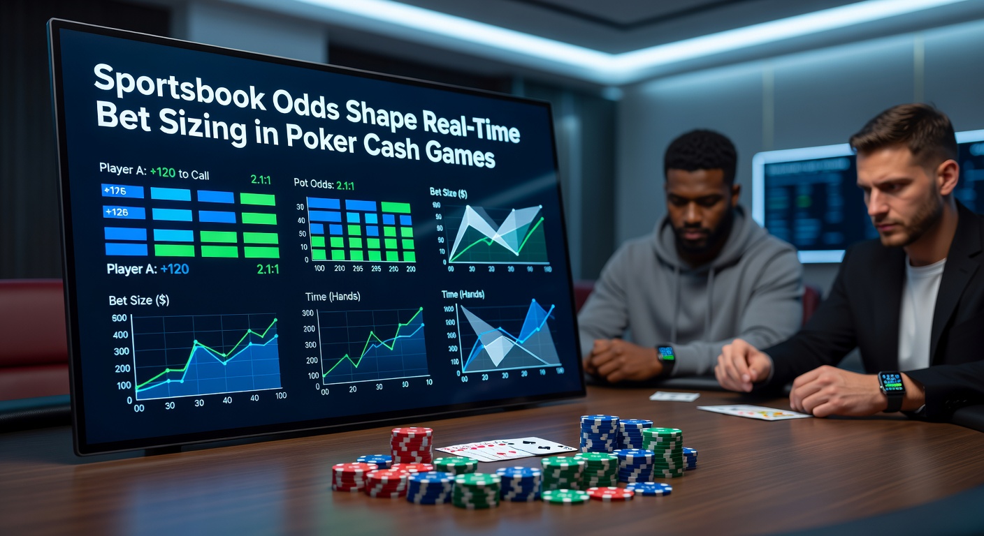 Poker players at a cash game table with sportsbook odds displayed on a nearby screen, illustrating the fusion of sports betting and poker strategy