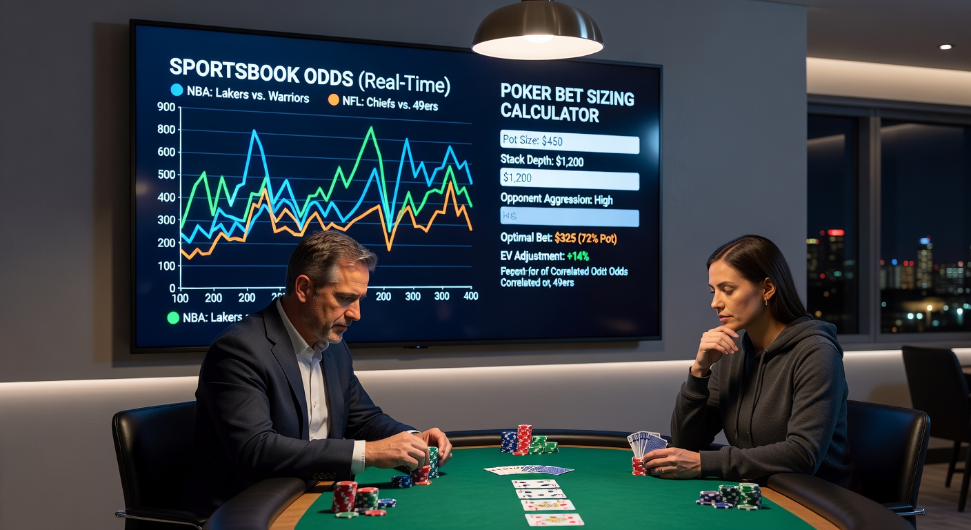 Close-up of a poker hand analysis overlay with sportsbook odds charts, demonstrating bet sizing calculations influenced by live sports lines