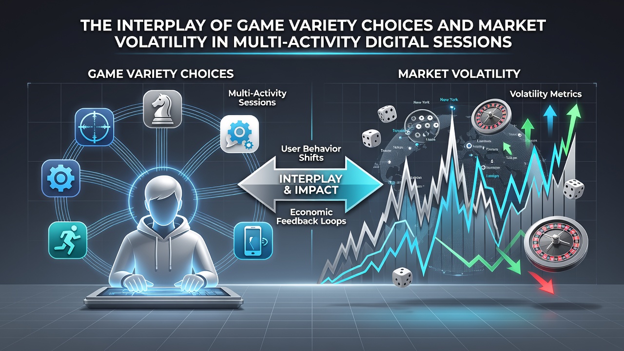 Analytics dashboard displaying game genre distribution alongside market volatility graphs in a multi-device setup